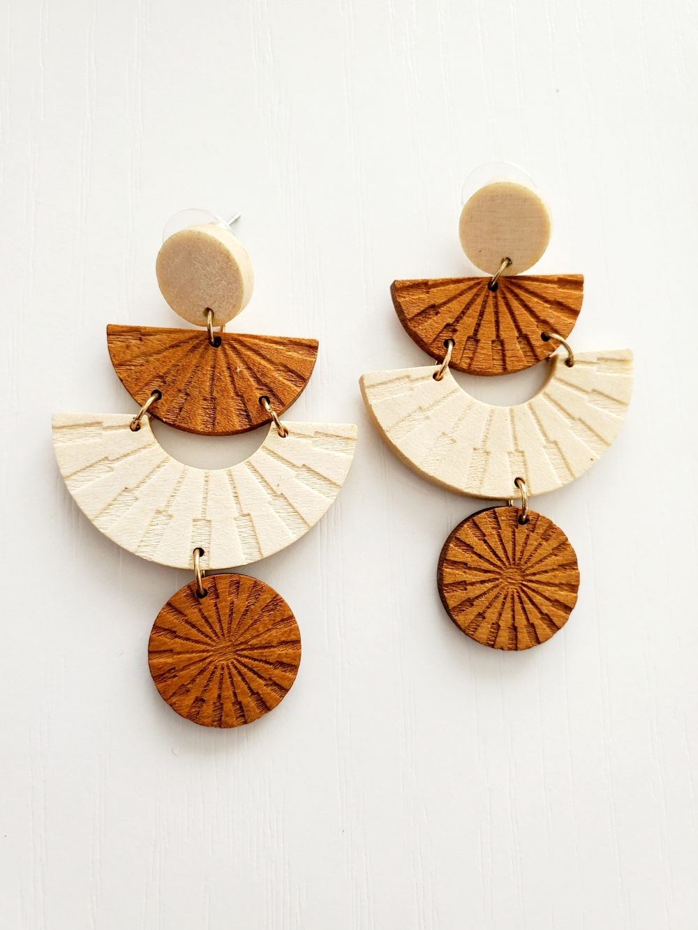 Boho Geometric Wooden Statement Earrings Sunburst Multi Tier Dangle
